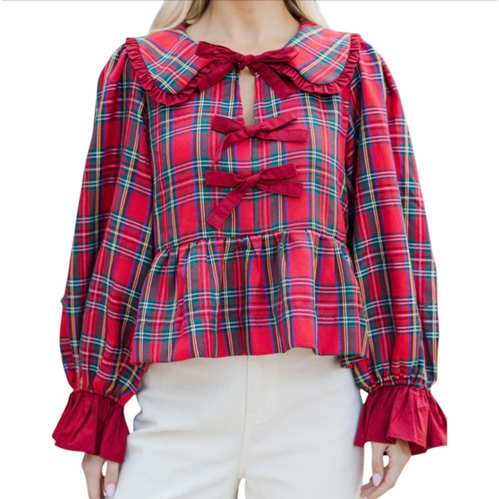 SHOP THE MINT All In Time Blouse RED TARTAN PLAID TOP Bows & Ruffles Tiered XL
